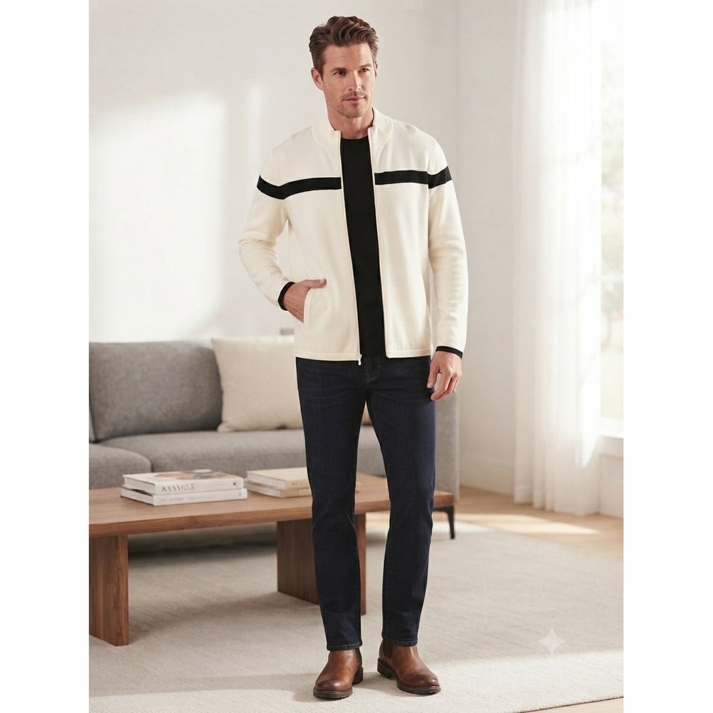 N.Y.L. New York Laundry Mens Full Zip Sweater Cream Black Stripe Mock Neck XL